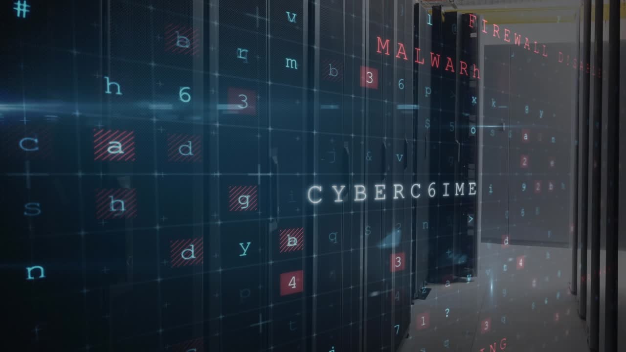 Animation of data processing and hacking texts over server room