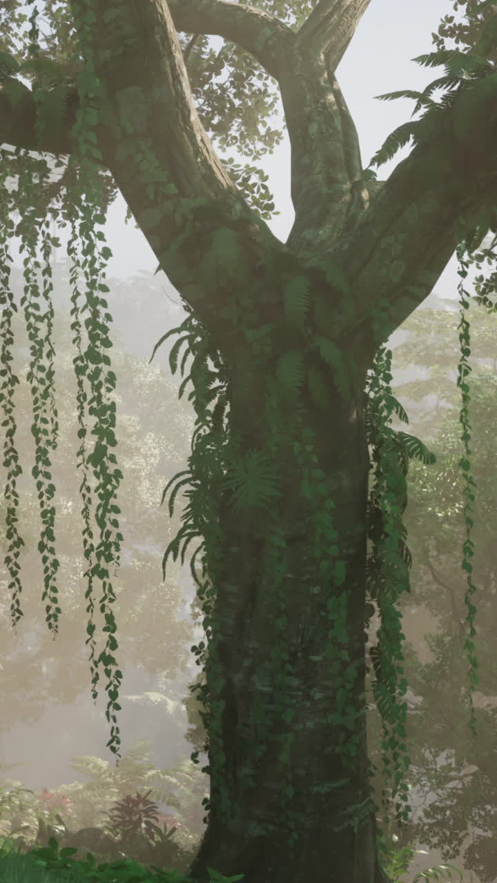 un bosque exuberante y tropical con un gran árbol en el centro y niebla en el fondo
