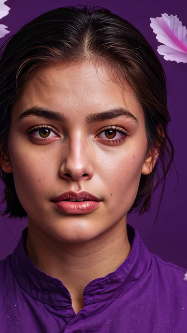 Vertical video: Drifting pink petals entering frame around woman in studio, creating floral framing