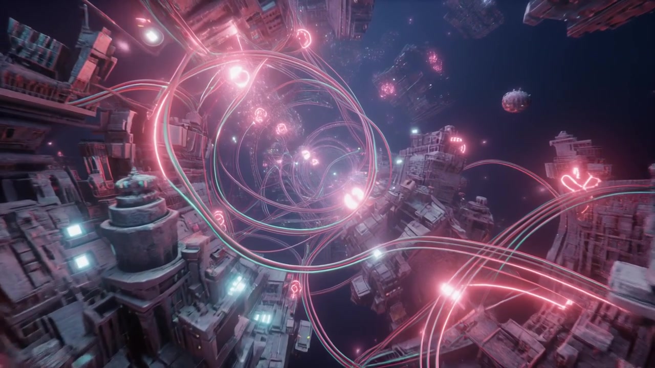 Futuristic Cyberpunk Cityscape with Glowing Neon Data Streams