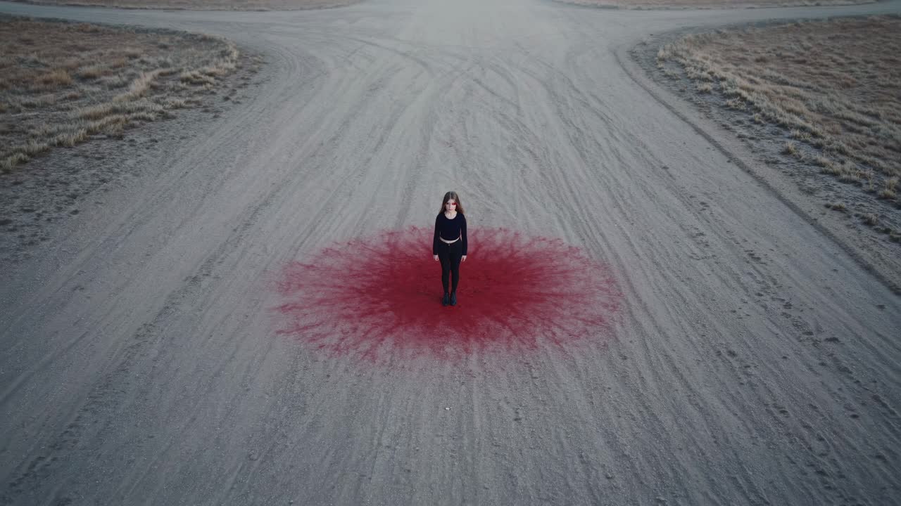 Young woman standing on a red stain resembling blood at a crossroad, evoking a sense of mystery and drama while contemplating choices and the uncertainty of her future