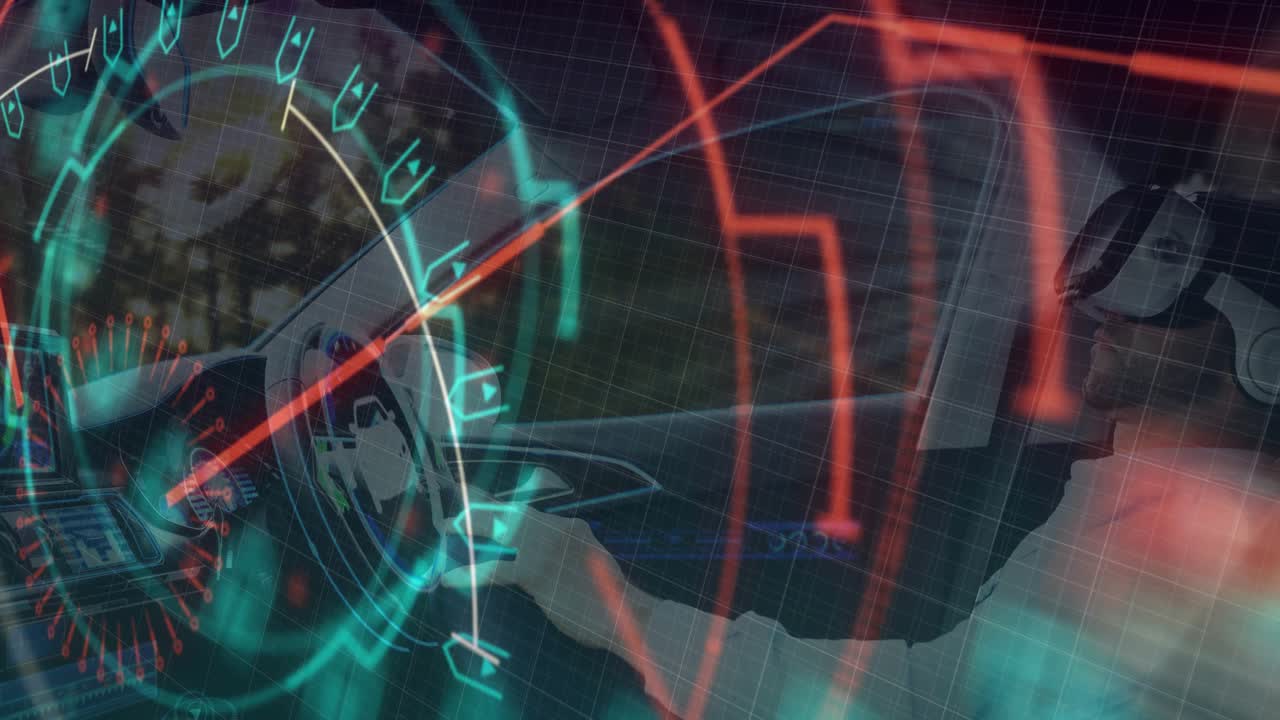 Driver holding steering wheel, activating HUD graphics shifting wheel-to-window for auto data