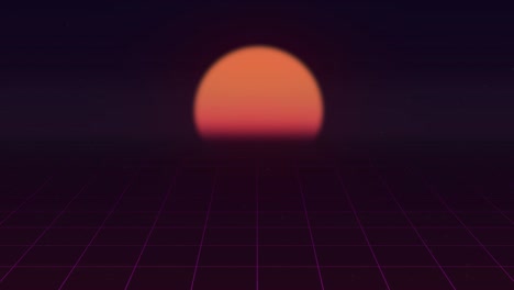 animation of sun on sunset and dawn on white grid moving on foggy background.