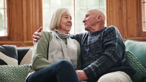 senior couple, happy and kissing with hug