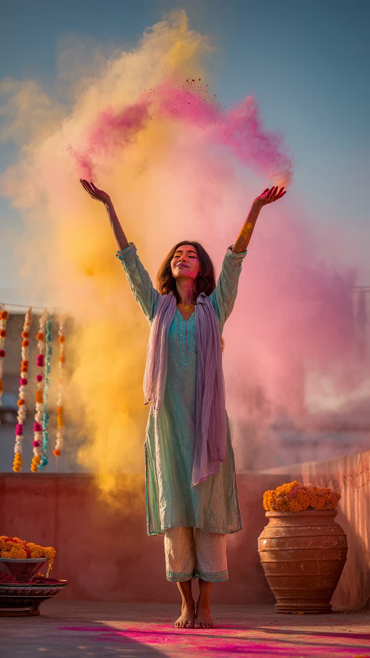 Donna gioiosa che celebra il Festival Holi lanciando polvere colorata vivace