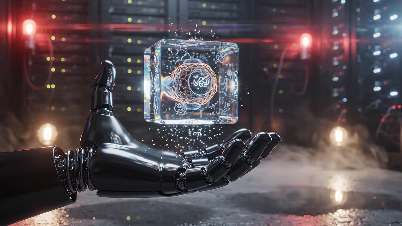 Futuristic robotic hand holding a glowing cube surrounded by advanced technology in a high-tech environment, showcasing innovation and digital aesthetics.