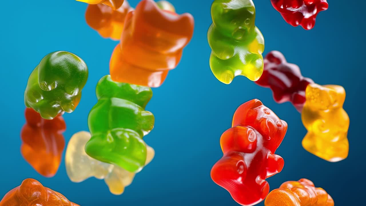 Highspeed footage capturing colorful gummy bears with glossy textures and joyful atmosphere