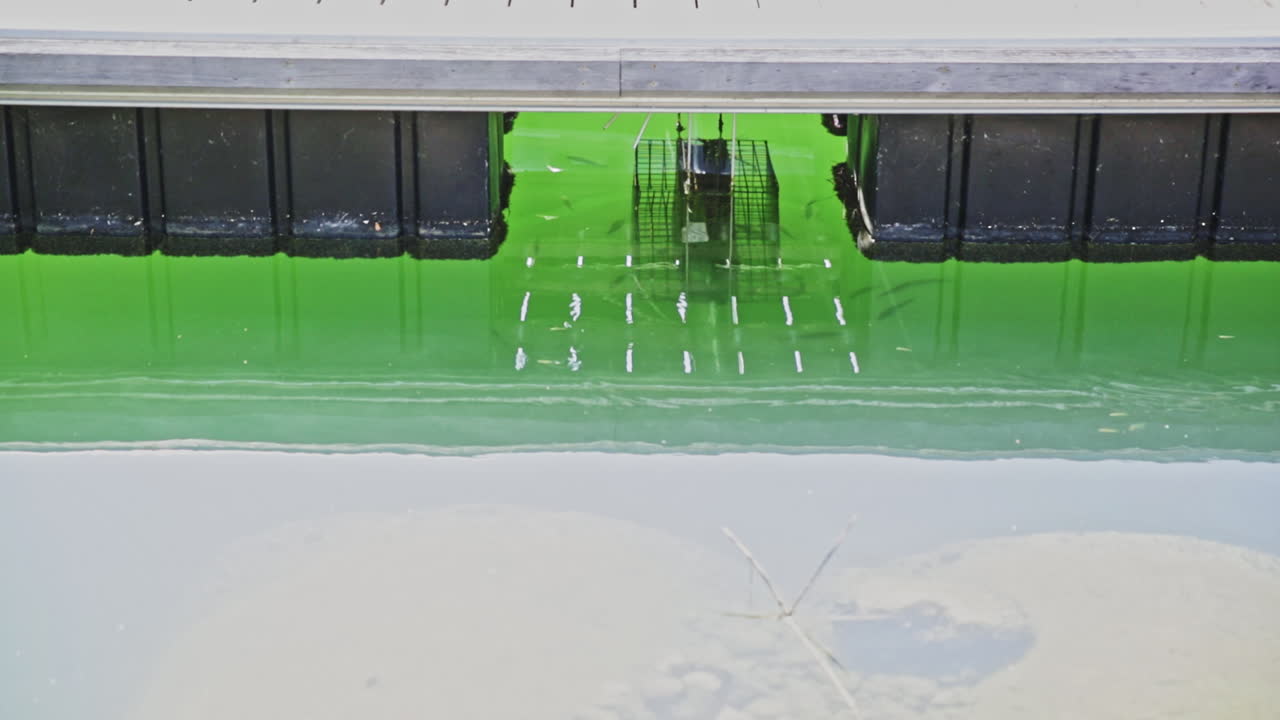 View of fish nursery installations below the docks of a French marina, blending modern port infrastructure with marine restoration technology