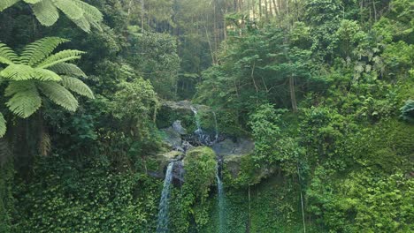 drone footage of tropical waterfall cascading down lush green rocks in dense rainforest, creating serene and natural atmosphere