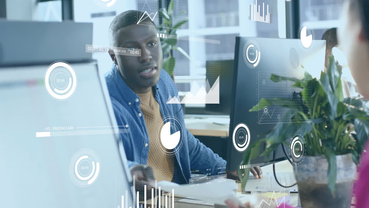 Animation of financial data processing over african american businessman working in office