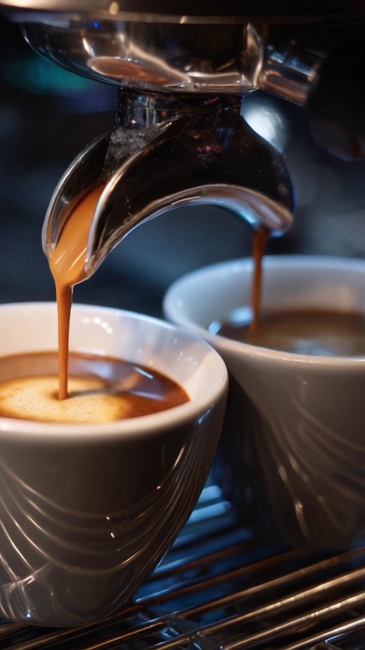 Un espresso perfettamente preparato: caffè ricco che scorre da una macchina da caffè espresso in eleganti tazze bianche, catturato in due fotogrammi con texture e colori uniformi.