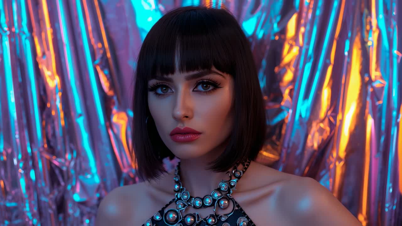 Modella che sposta lo sguardo e inclina la testa, mettendo in mostra una collana su uno sfondo di alluminio in studio