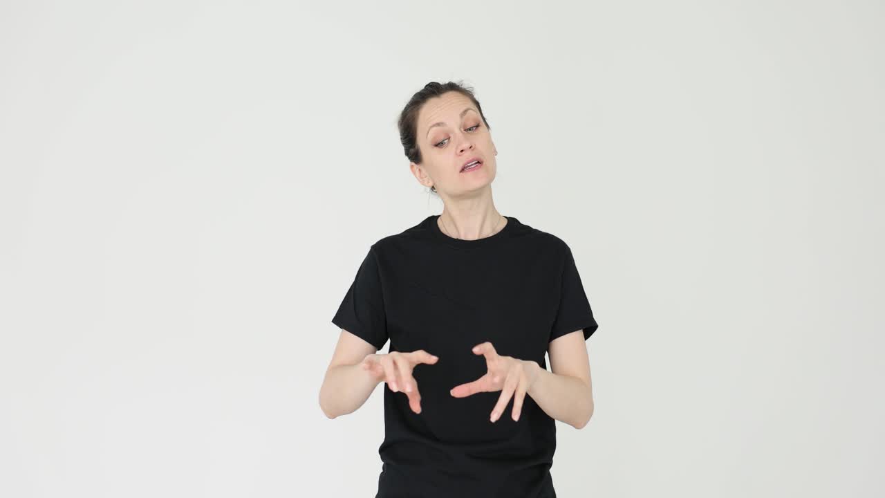 Woman Gesturing and Explaining with Hands on White Background
