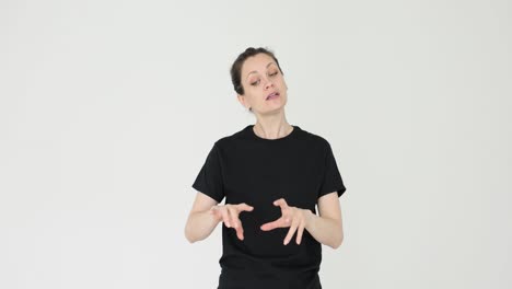 woman gesturing and explaining with hands on white background