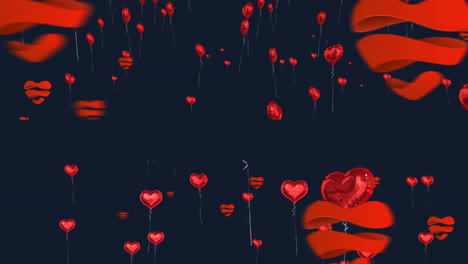 digital animation of red light trails over heart shapes balloons floating against black background
