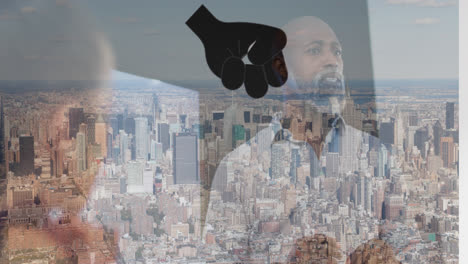 animation of hand icon over african american man in office and cityscape