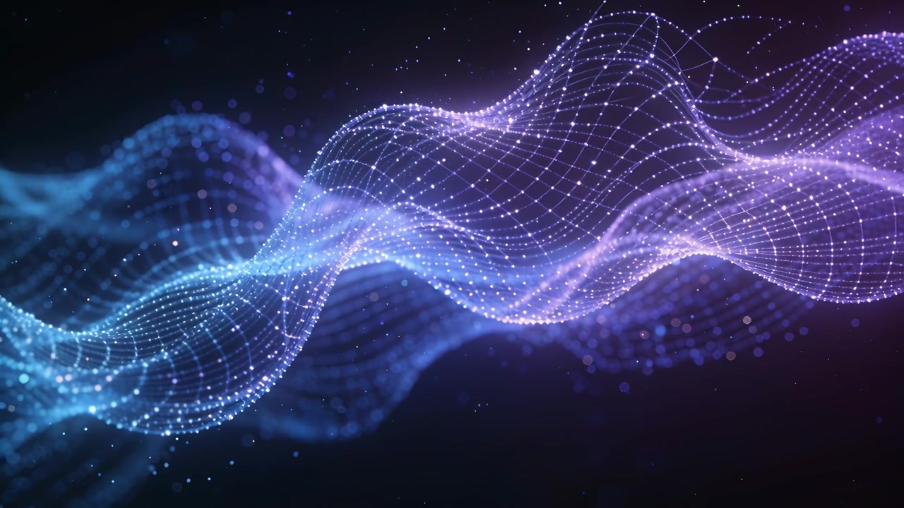 Playing two layered luminous meshes shifting and pulsing in dark digital space with sparkles