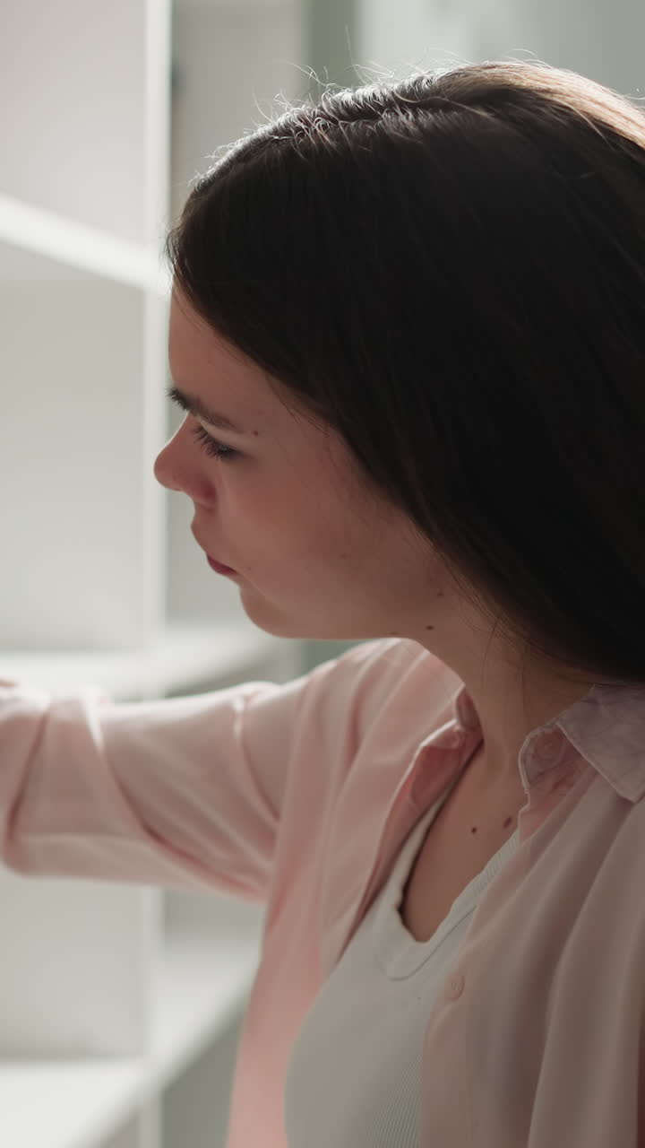 고객은 상점 선반에서 책을 선택합니다. 갈색 여성은 서점에서 레저를 위해 흥미로운 문학을 찾습니다. 끊임없는 독자는 새로운 역사 소설을 발견합니다.