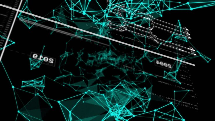 Animation of financial data processing and network of connections over black background