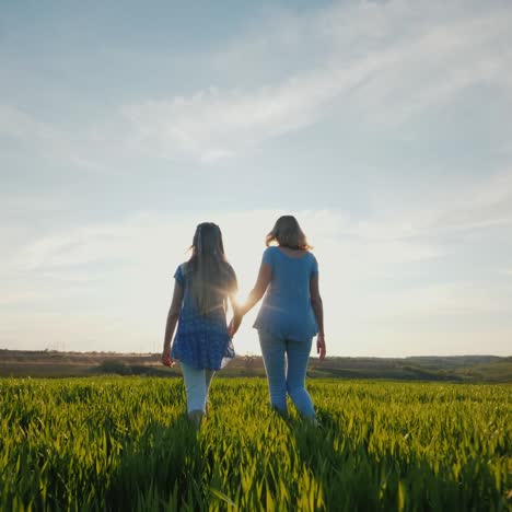 mom and daughter walk through a picturesque meadow at sunset holding hands