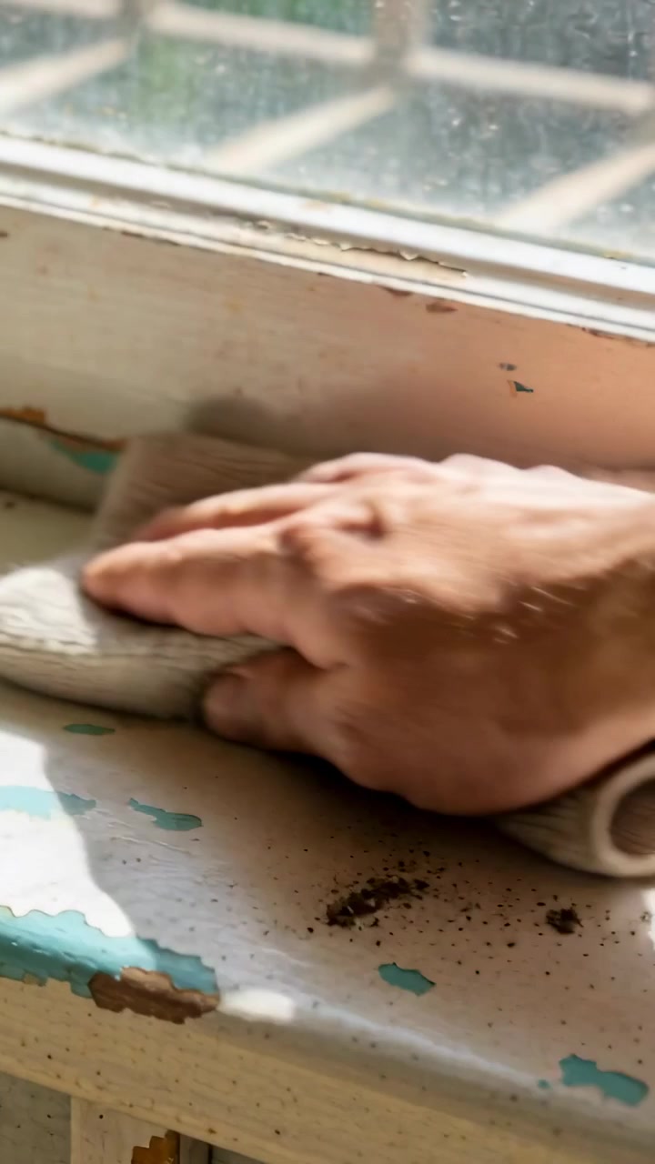Vertical video: Wiping adult hand and bare forearm pressing rag on windowsill, removing loose paint