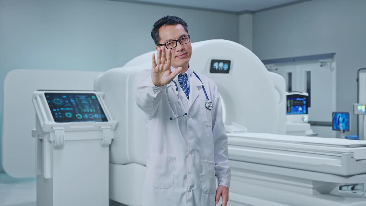 Asian Male Doctor Making Stop Gesture While Standing With MRI Machine In The Hospital