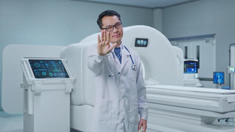 asian male doctor making stop gesture while standing with mri machine in the hospital