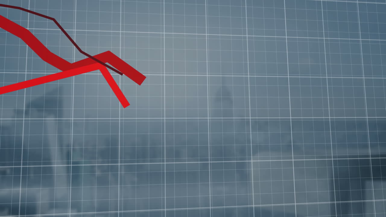 Animation of red lines with financial data processing over cityscape