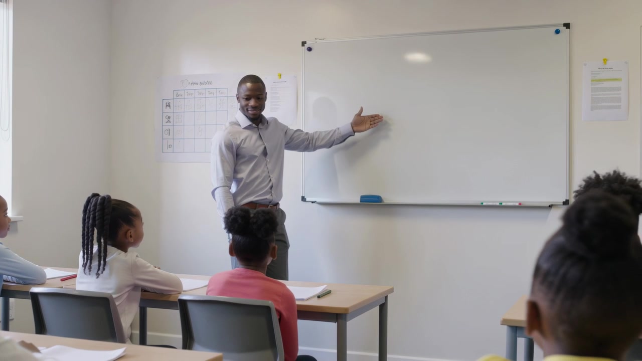 Pointing teacher in shirt turning from board, directing class focus for lesson at school with paper