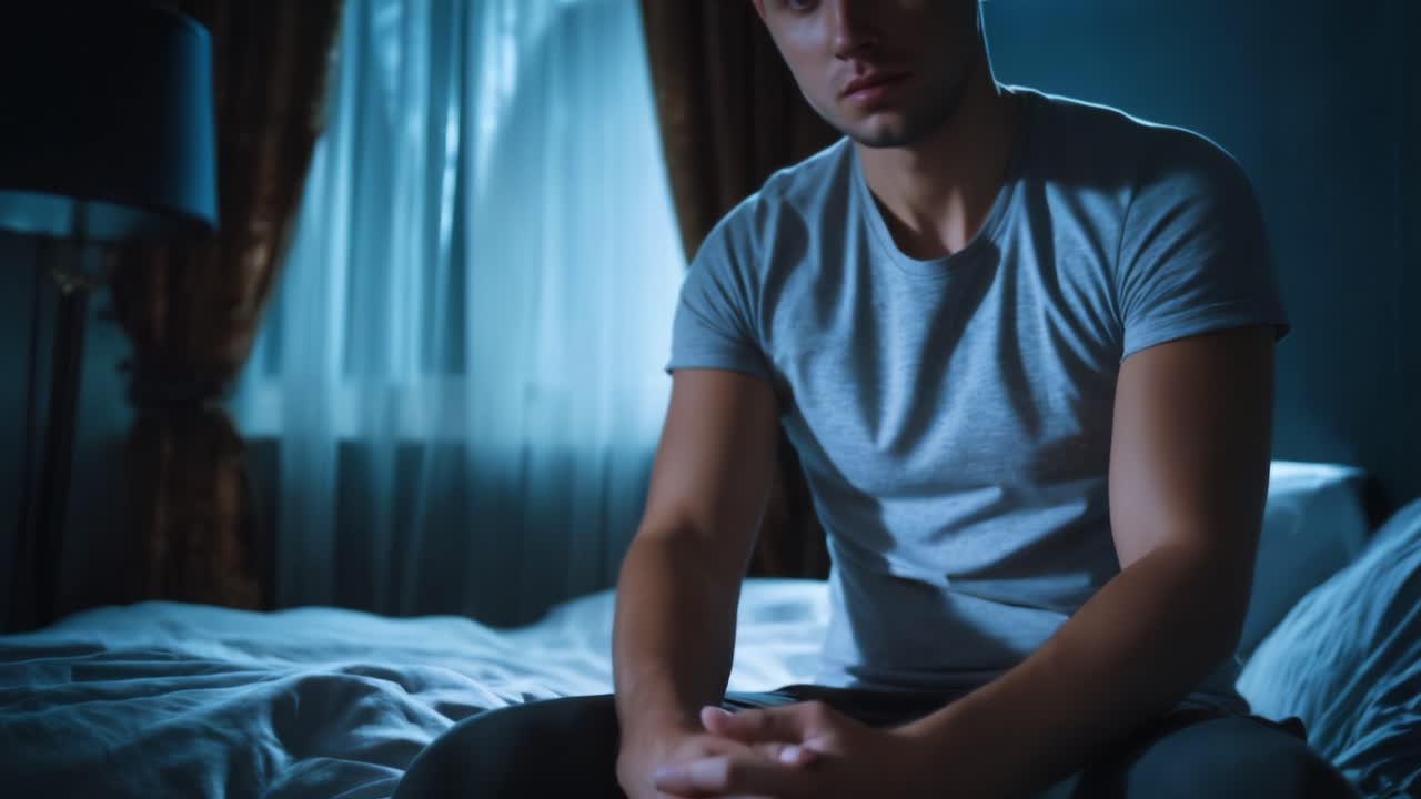 Un momento contemplativo por la noche, capturando la expresión introspectiva de un joven mientras está sentado en una cama, bañado en una suave y dramática luz azul.