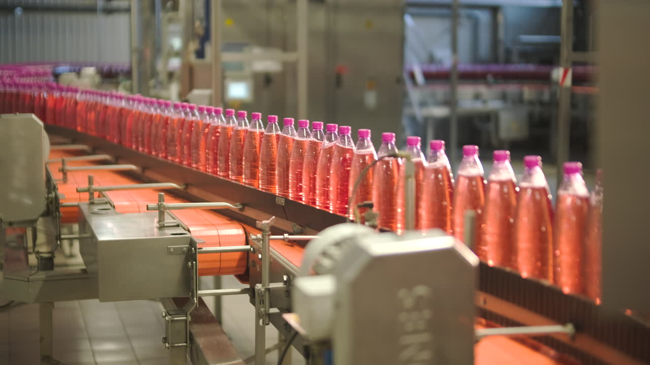 Plastic Bottles Filled with Pink Liquid Moving on a Factory Conveyor Belt