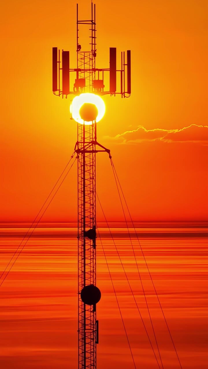 Riprese verticali con drone di una torre di telecomunicazioni in silhouette che si muove attraverso il sole al tramonto arancione intenso, con apparecchiature per antenne e mare calmo sullo sfondo.