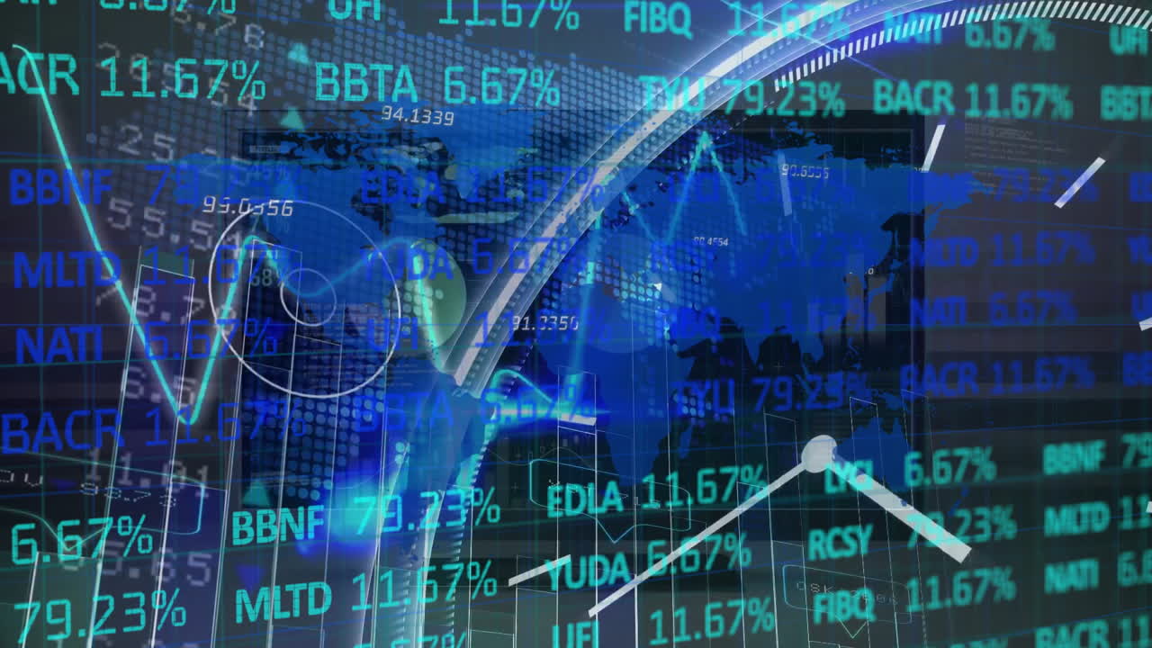 animación del reloj sobre el procesamiento de datos financieros y el mapa del mundo en fondo negro