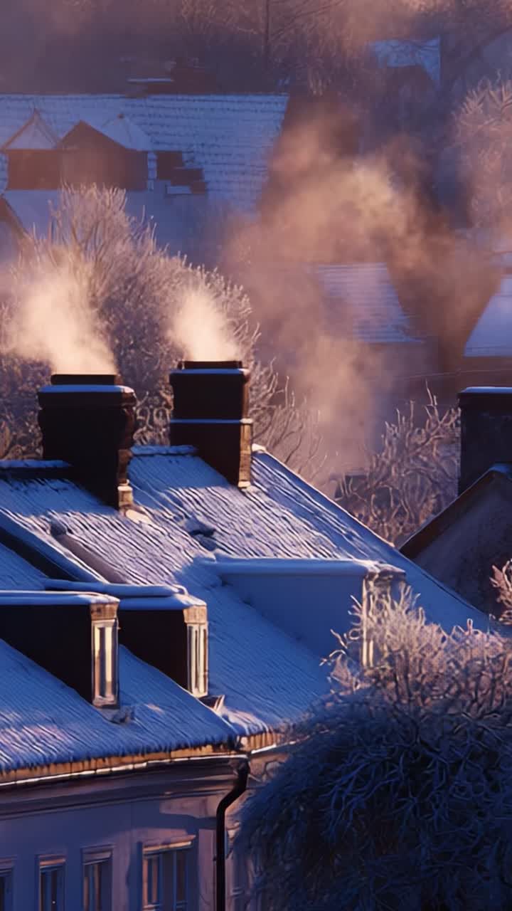 A picturesque winter scene depicting snow-covered rooftops emanating steam from chimneys, with frosted trees glistening in the early morning light, capturing the serene beauty and charm of a chilly day