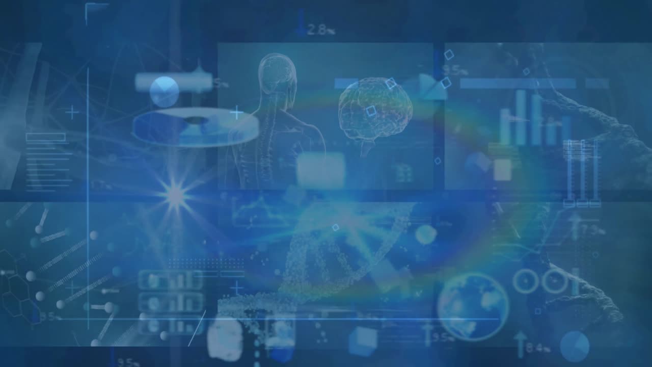 파란색 디지털 스크린에서 생물학적 데이터 처리의 애니메이션