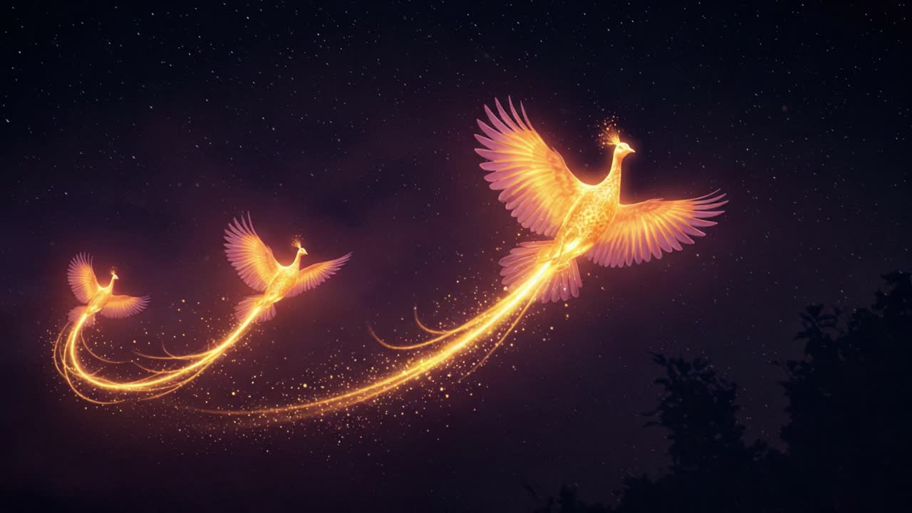 Mesmerizing Flight of Enchanted Birds: A Spectacle of Light and Beauty in a Twilight Sky Captured in Two Frames of Mystical Animation