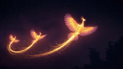 mesmerizing flight of enchanted birds: a spectacle of light and beauty in a twilight sky captured in two frames of mystical animation