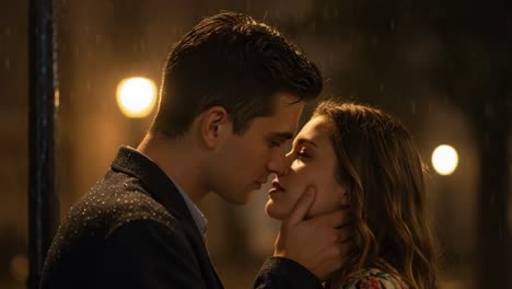 romantic couple sharing an intimate moment in the rain at night