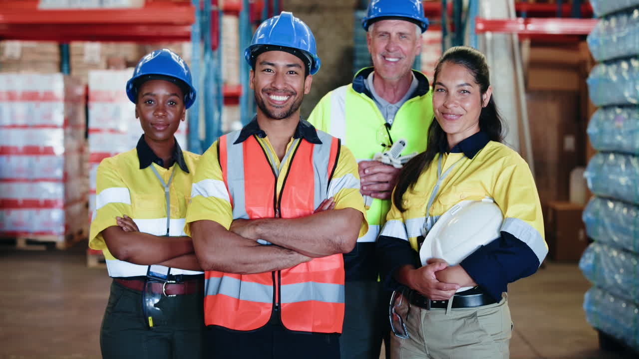 Confident Diverse Team of Warehouse Workers Smiling in Industrial Setting
