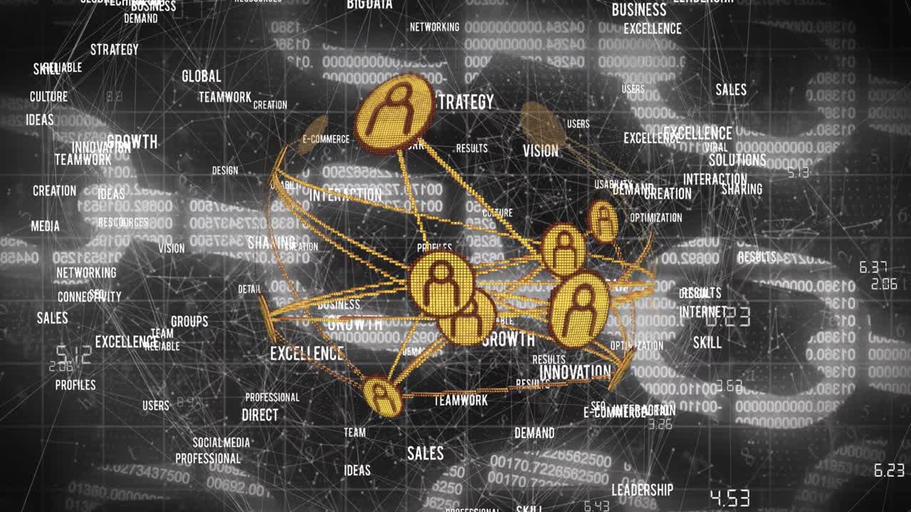 검은색 배경에 있는 데이터 처리 및 미디어 아이콘의 애니메이션