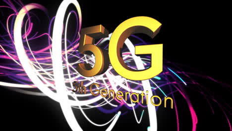 animation of 5g 5th generation text over light trails on black background