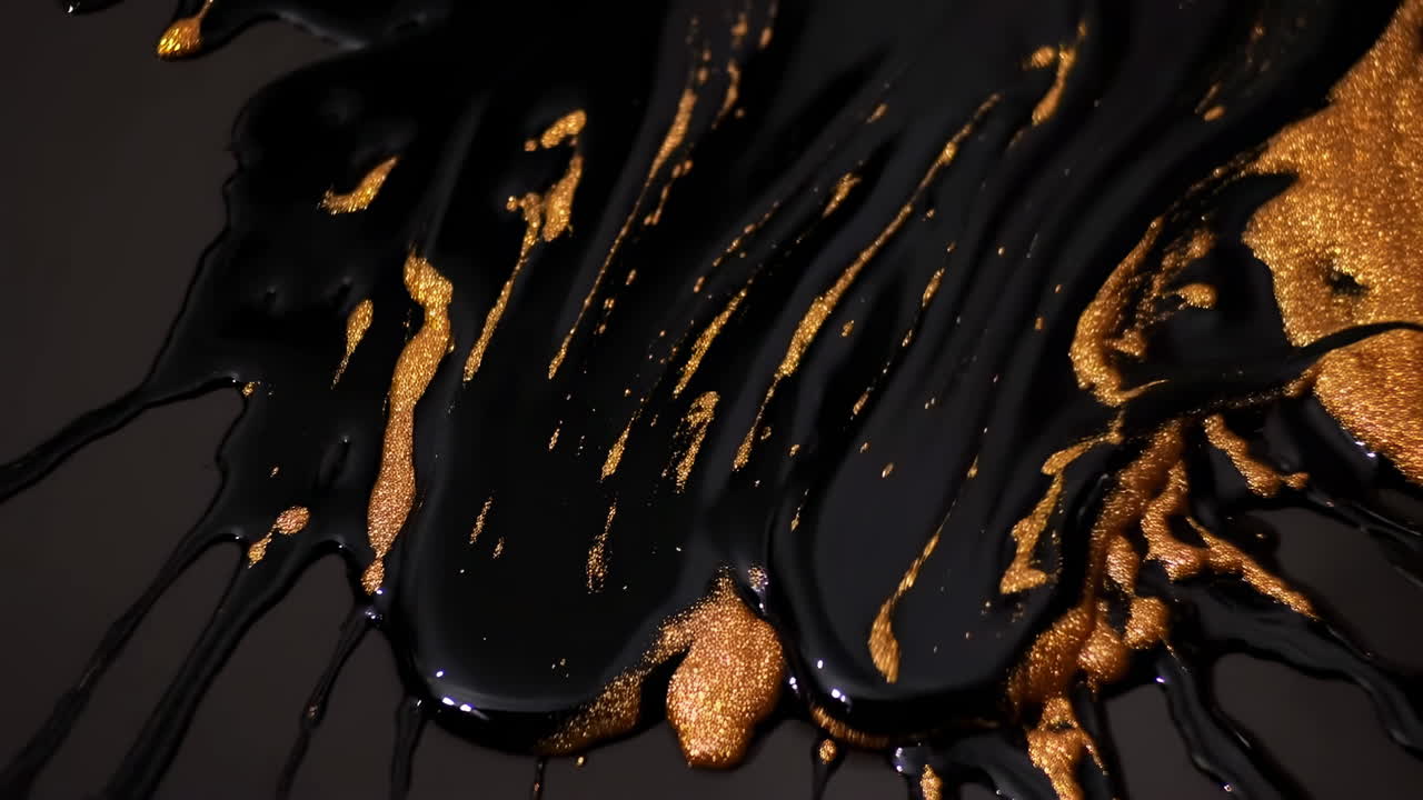 Abstraction dynamique de peinture à paillettes noire et or se mélangeant