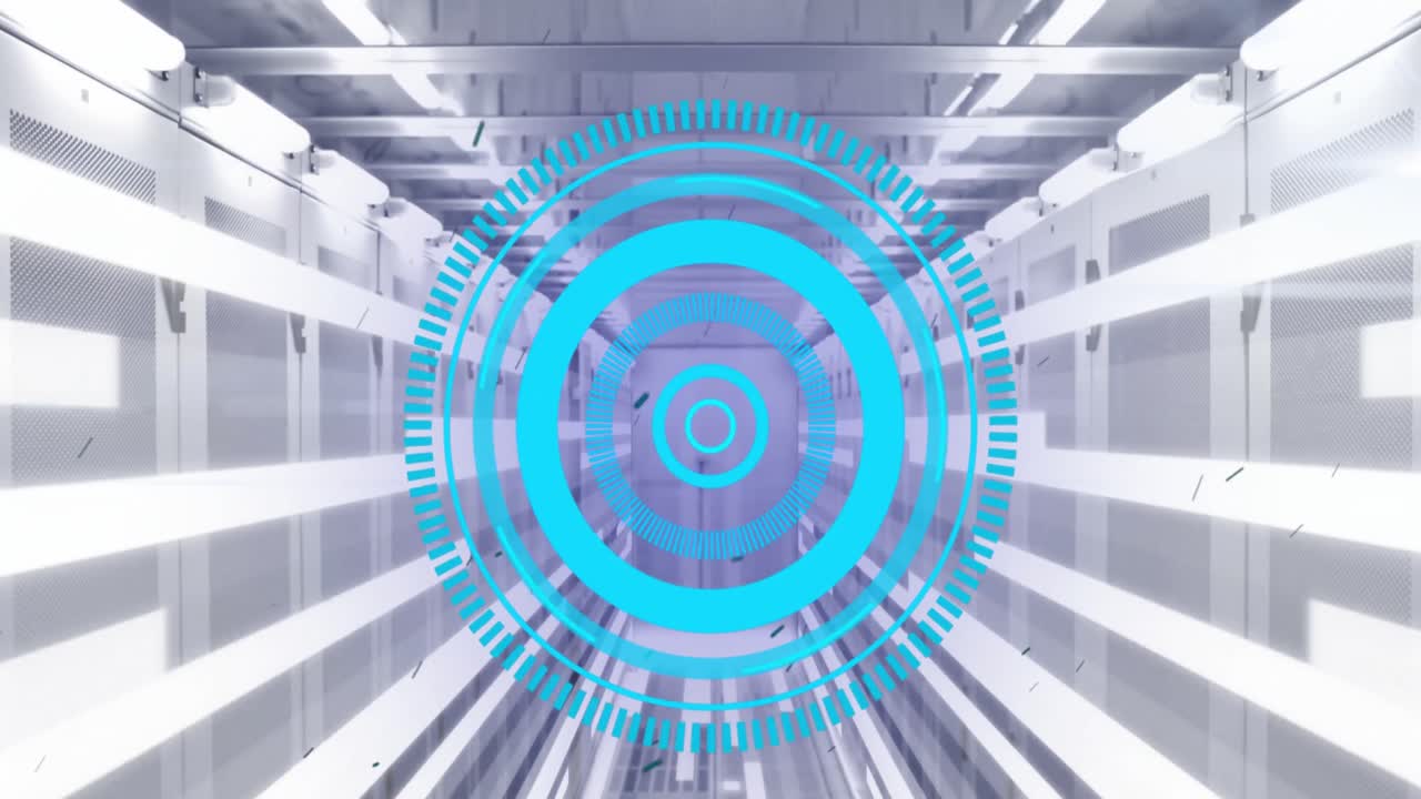 animación de círculos de carga con barras iluminadas que se mueven en bastidores de servidores en el centro de datos