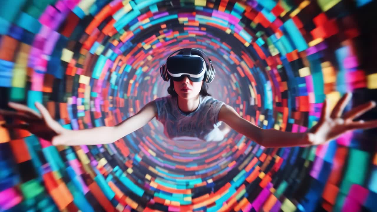 A young individual immersed in a vibrant virtual reality environment, exploring a colorful digital realm while donning a VR headset, illustrating the engaging experience of modern technology