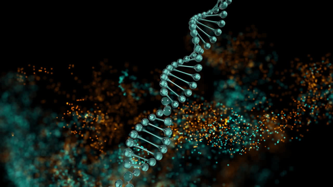 animación digital de la estructura del adn girando contra la onda digital sobre un fondo negro