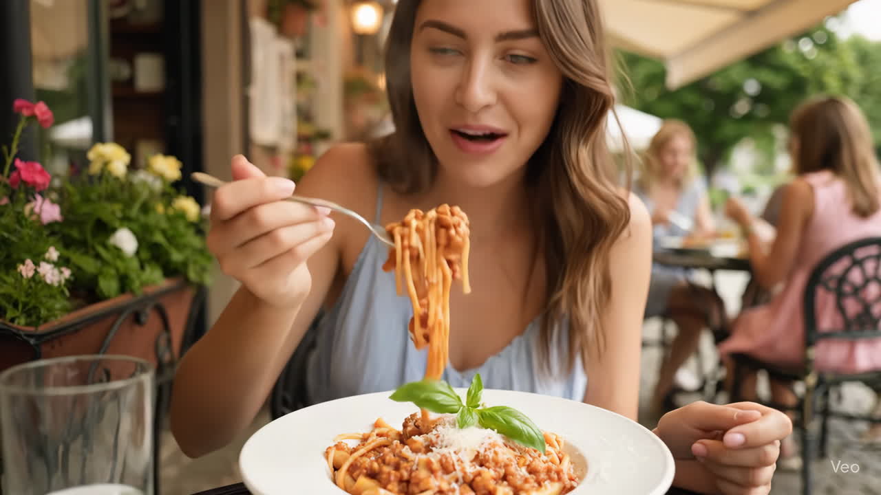 Woman enjoying a delicious plate of pasta outdoors