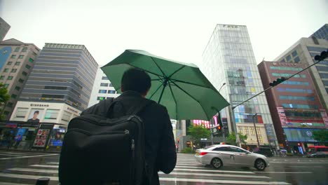 얼룩말 횡단보도에서 우산을 쓴 남자