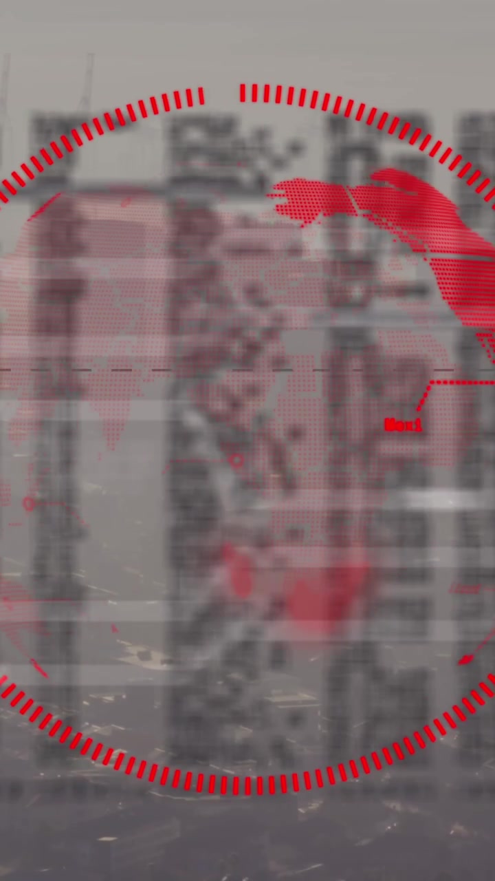 Animazione di interfaccia con elaborazione dati e globo rotante su sfondo di una vista aerea di paesaggio urbano