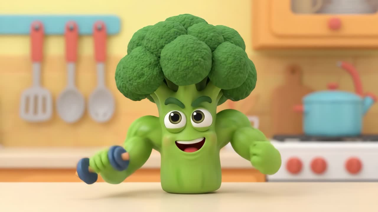 Personaggio animato di broccolo che mostra i muscoli e solleva pesi