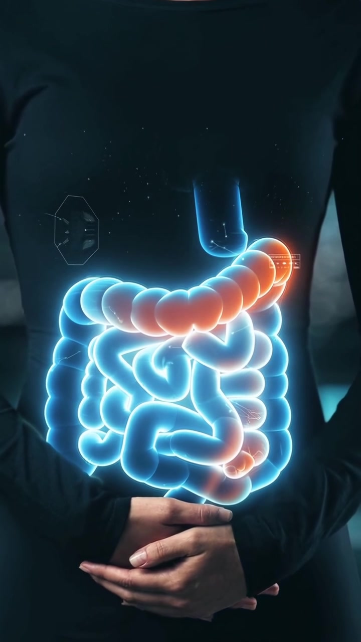 Visualizzazione digitale del sistema digestivo umano con dolore evidenziato